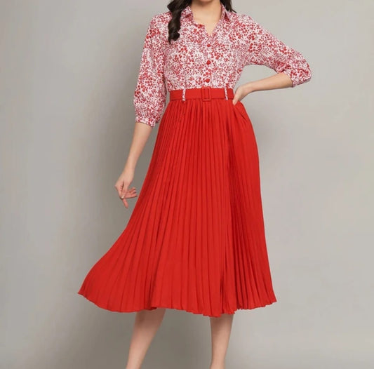 A-line Belted Pleated Dress RED
