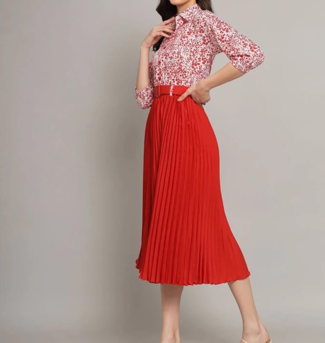 A-line Belted Pleated Dress RED