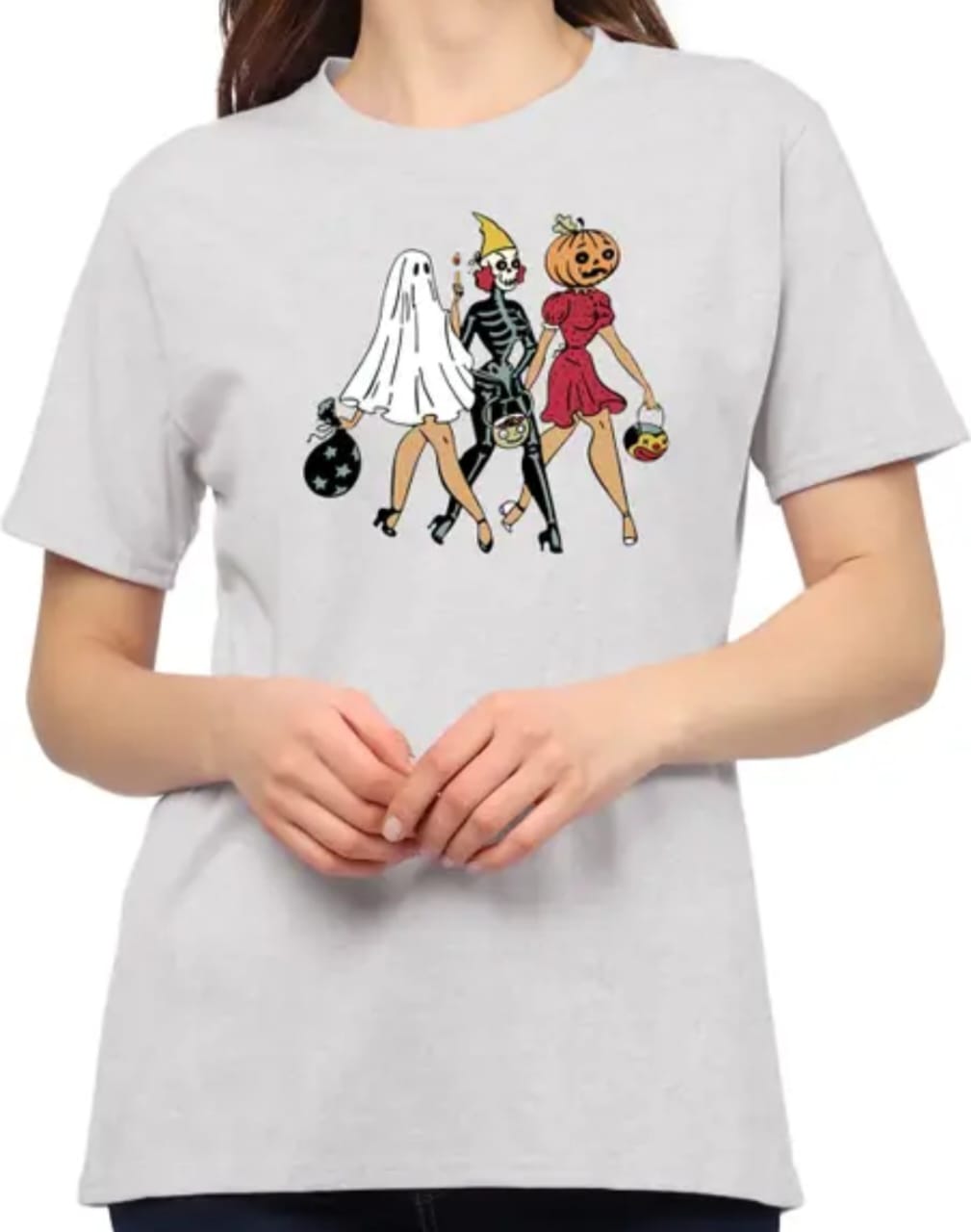 Spooky Chic: The Grey Typography Halloween T-Shirt for Women