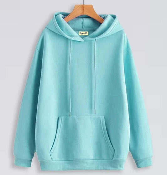 Light Blue Solid Hooded Sweatshirt for Women